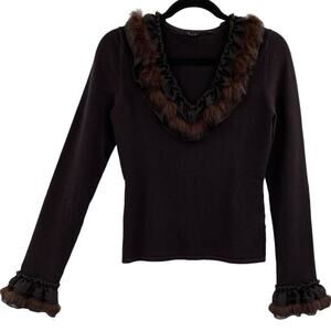 YUKA Platinum Fur Trim Sweater Size Medium Brown V-neck Ruffle Cuff Pullover